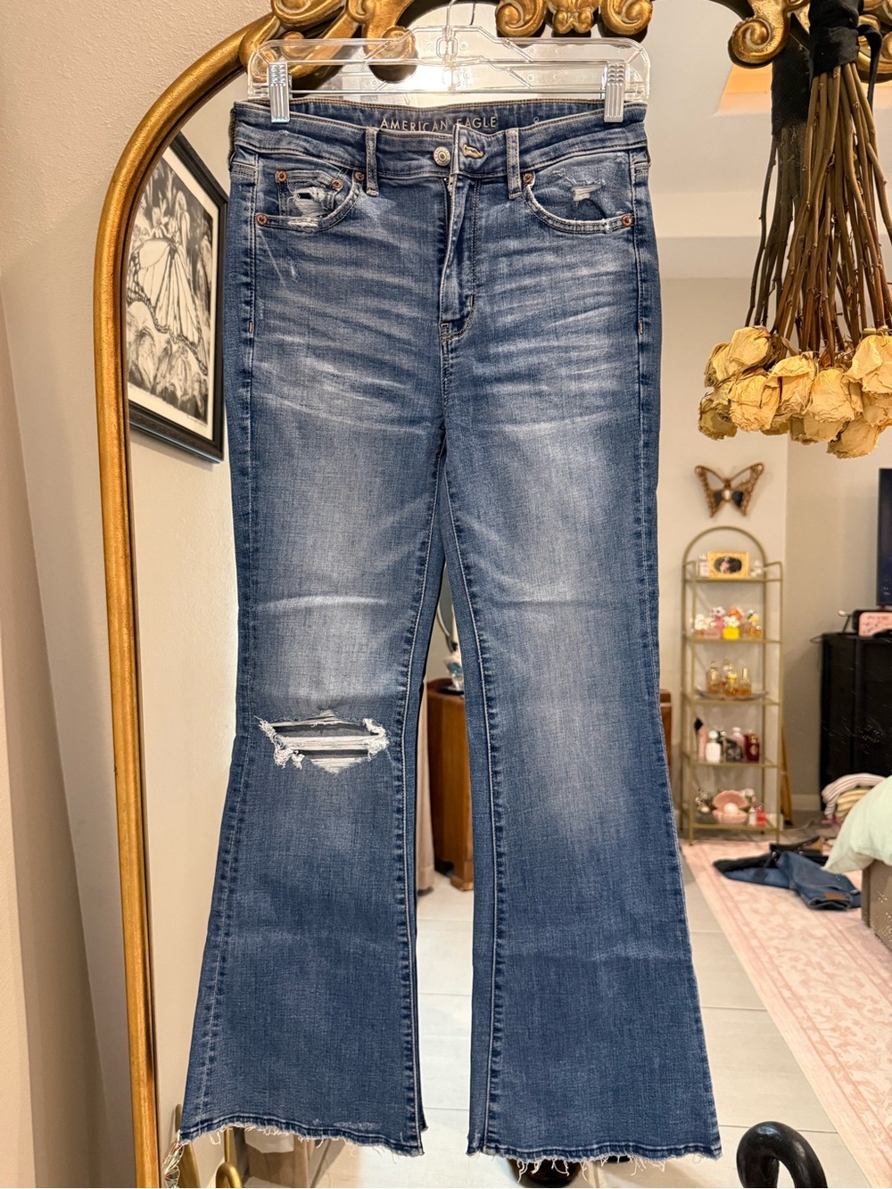 American Eagle Outfitters Medium Blue Distressed Flare Jeans